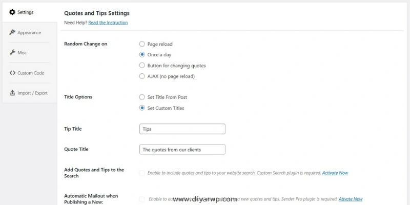 تنظیمات افزونه Quotes and Tips